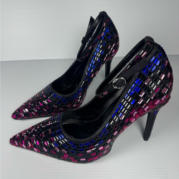Azalea Wang Teagan Rhinestone Mosaic Stiletto Pumps Ankle Strap Heels Size 6 - Picture 2 of 9